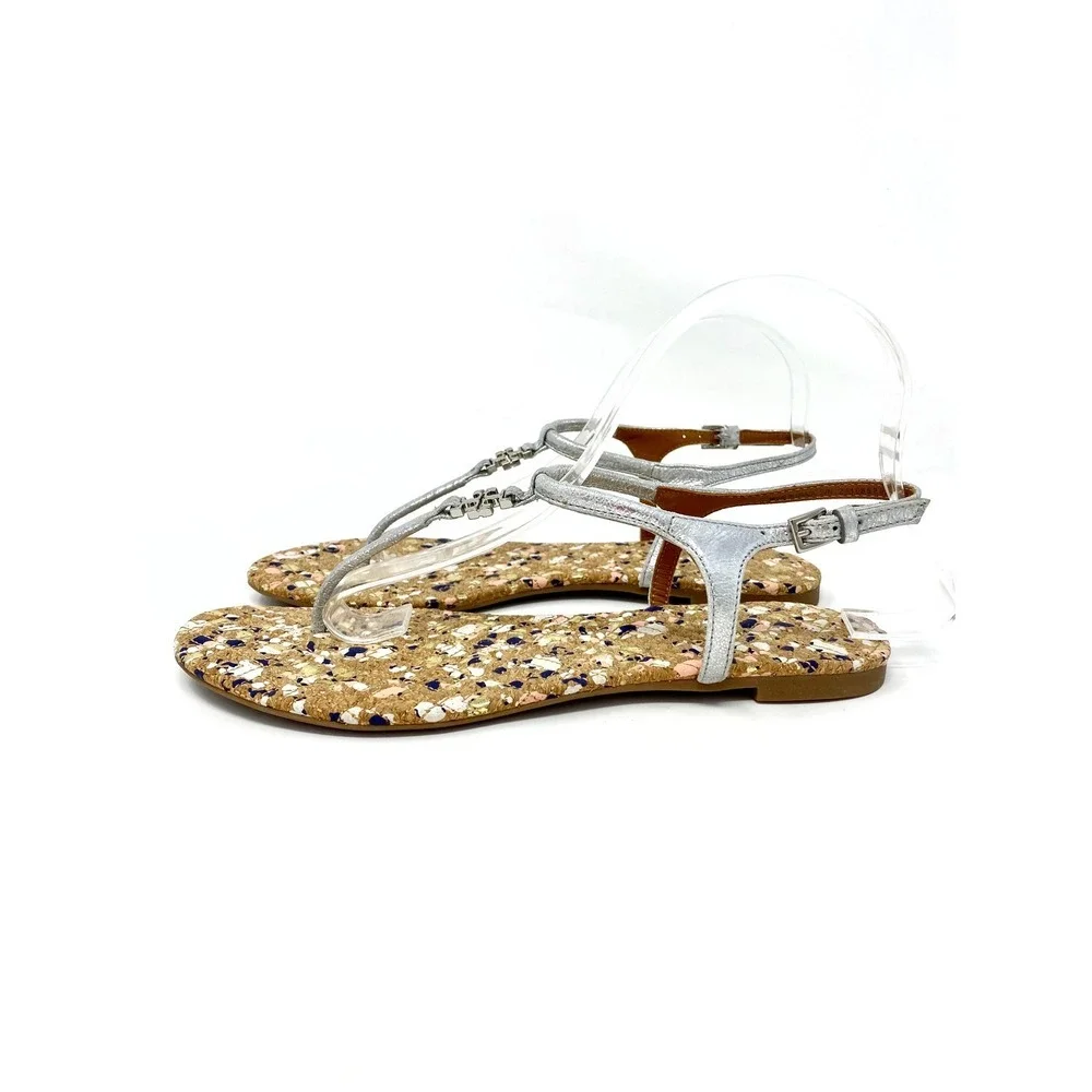 Tory Burch Silver Metallic Leather Cork Splatter Logo Thong Sandals Womens 7.5